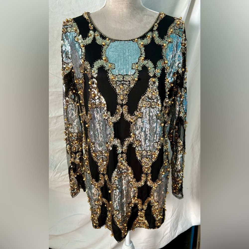 Vintage Ashley Stewart Black Mesh Silver, Gold Beaded Sequin Dress Size L